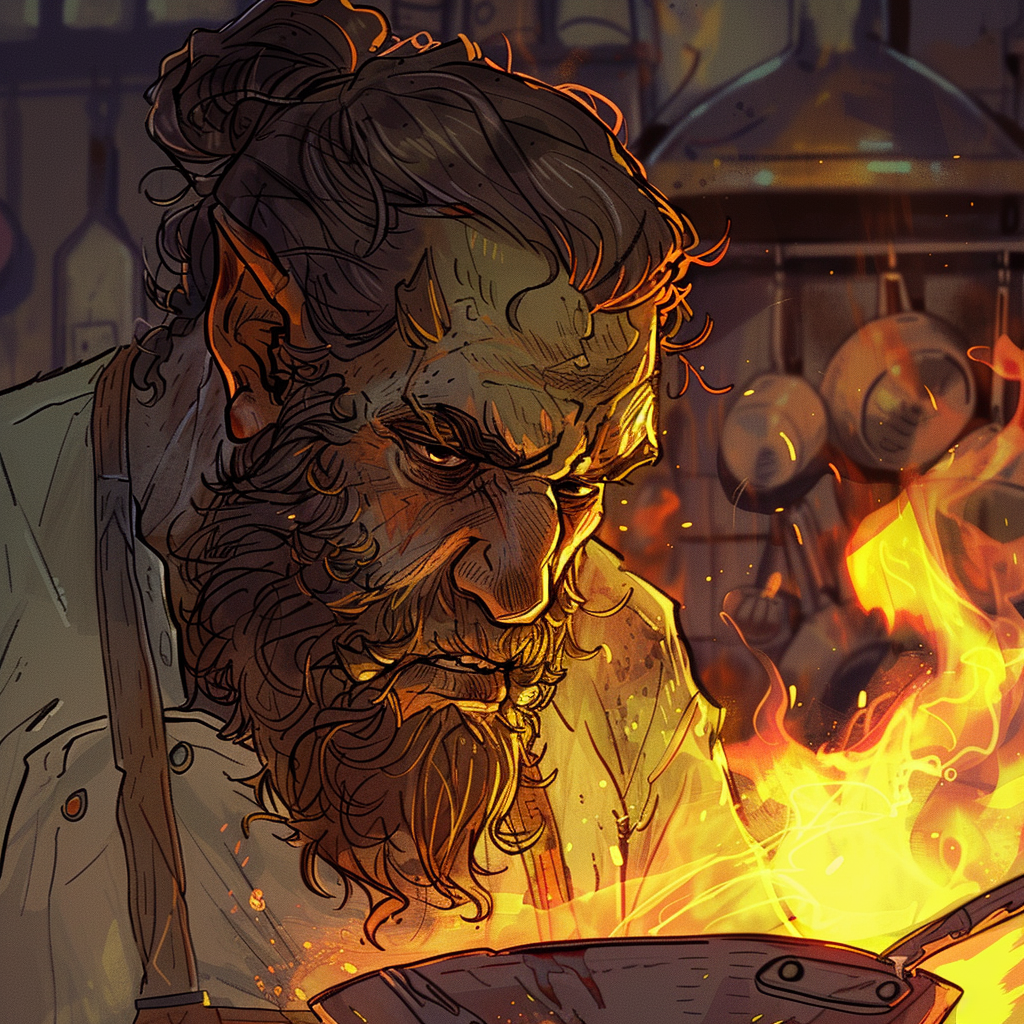 A Skinny Half-Orc Chef panics in kitchen fire.