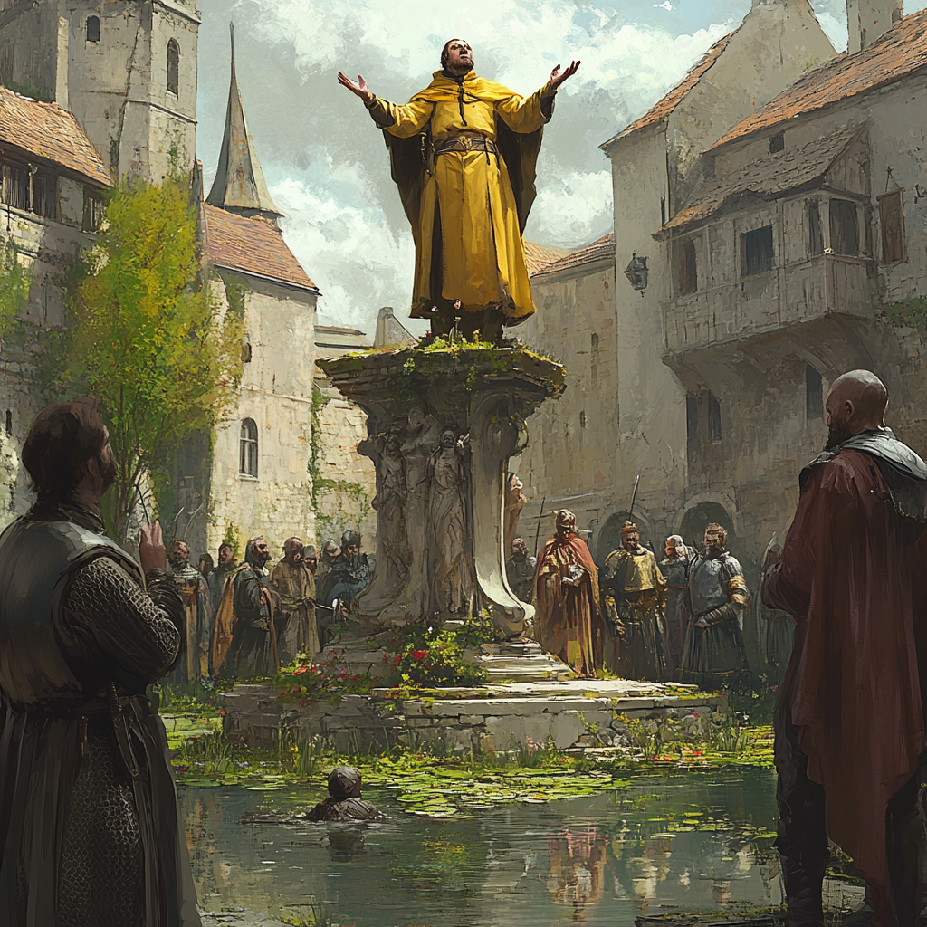 A Skinny King in Yellow Preaching on Ruined Statue