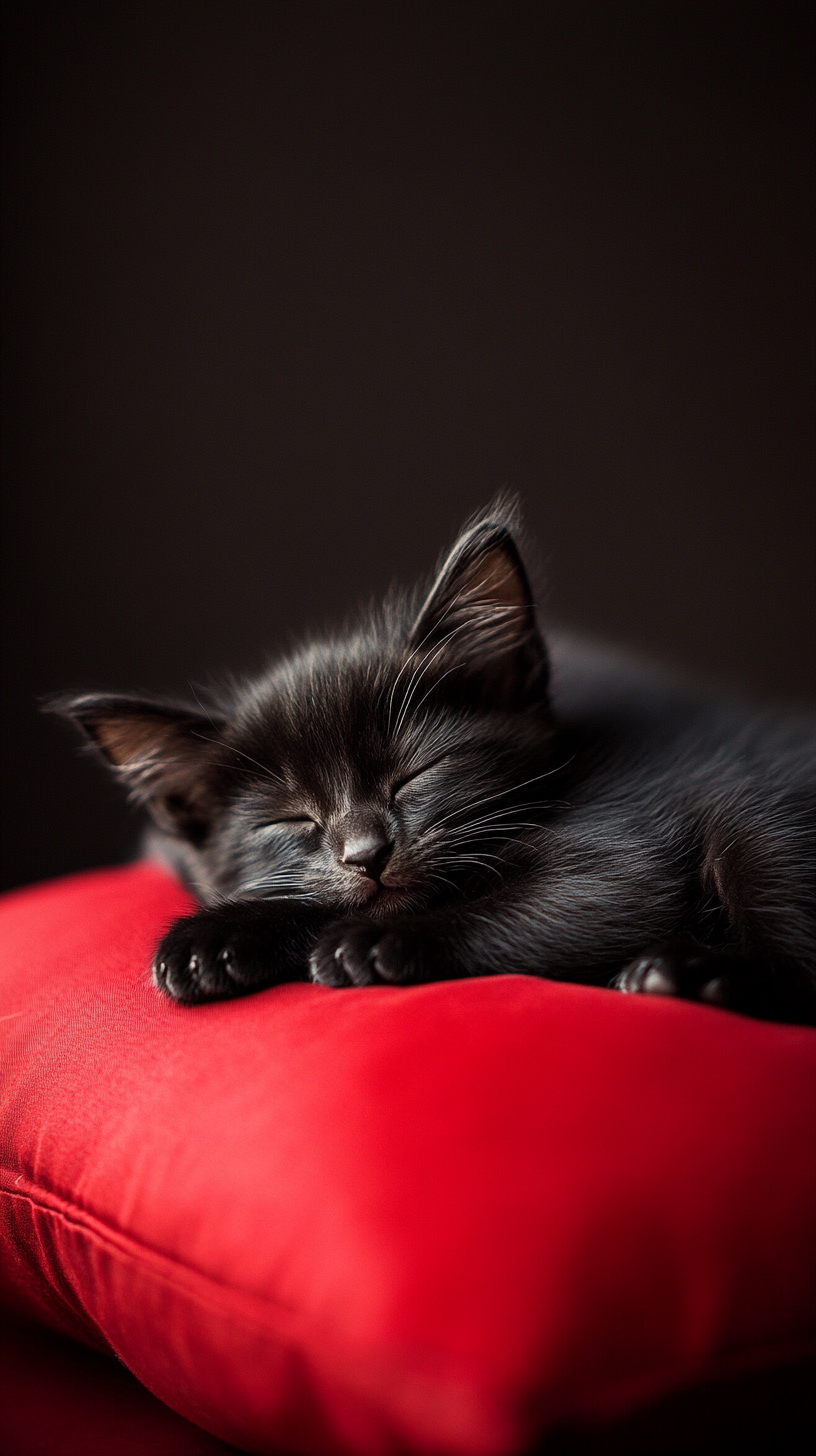 A Sleepy Black Kittens on Red Pillow