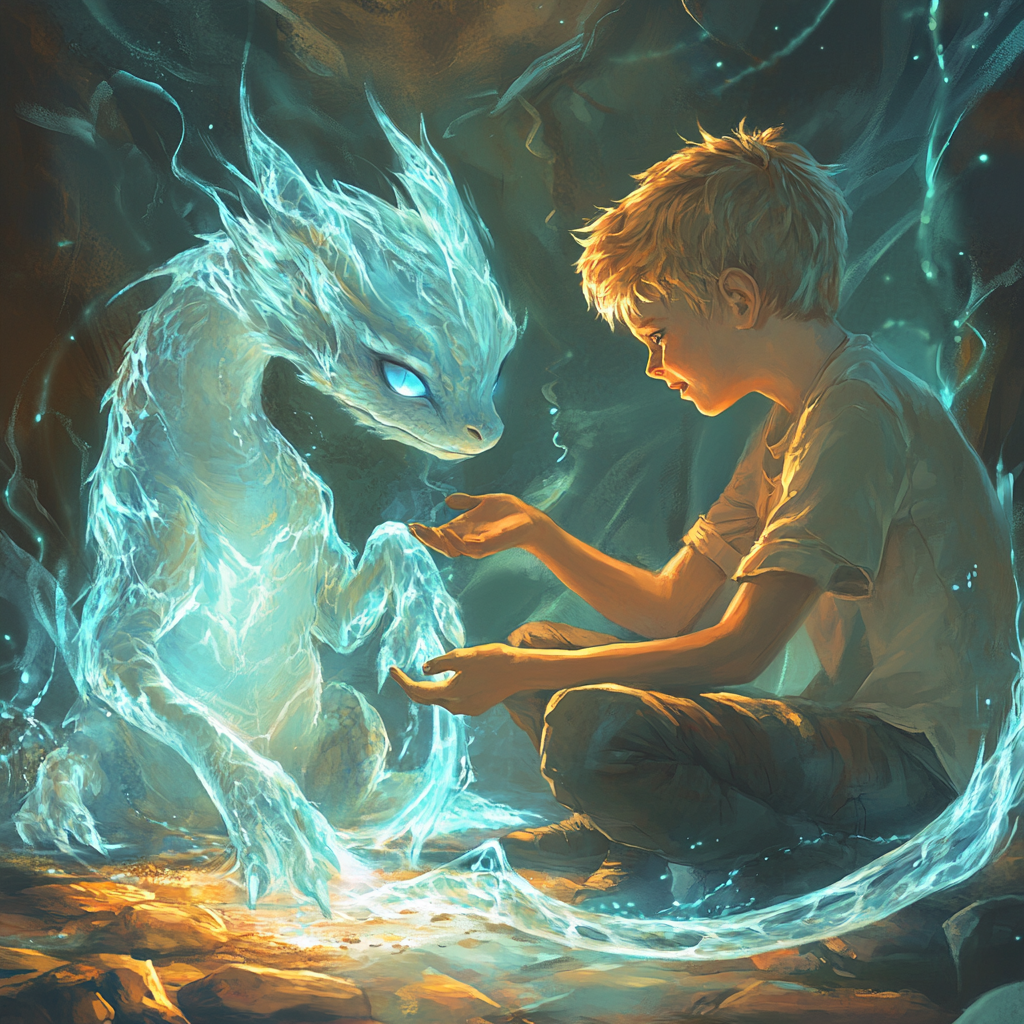 A Small Dragon Playing with Golden-haired Boy