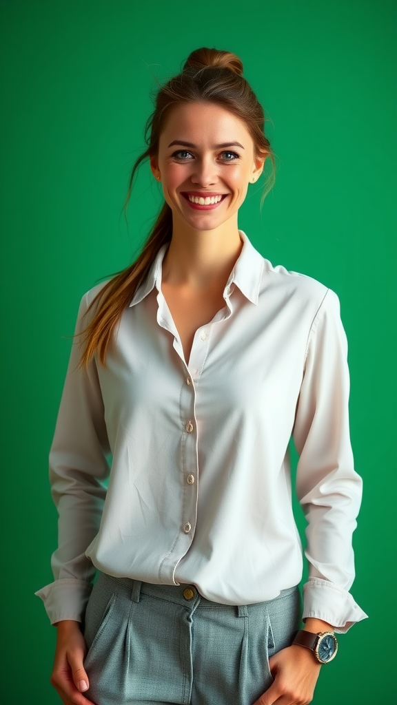 A Smiling 43-Year-Old Woman in Business Attire