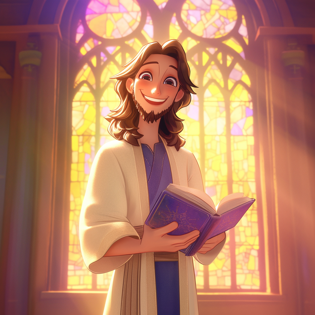 A Smiling Animated Jesus with Bible in Church