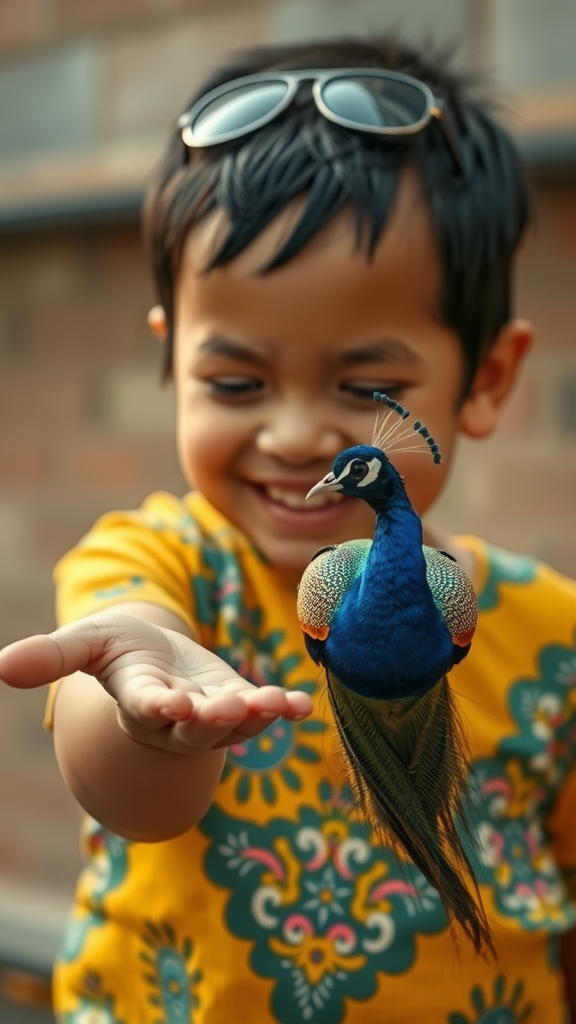 A Smiling Asian Child Holds Tiny Peacock