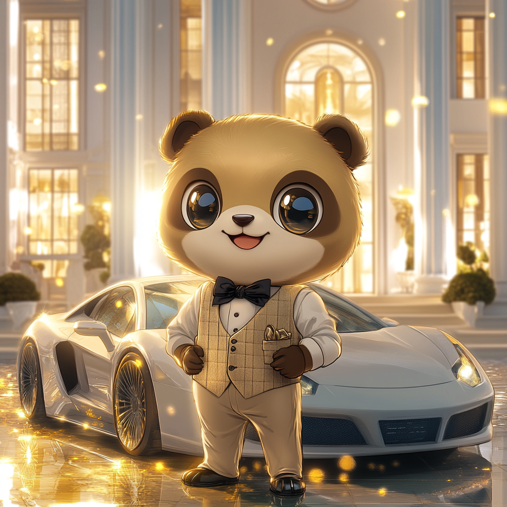 A Smiling Brown Panda By a Fancy Mansion