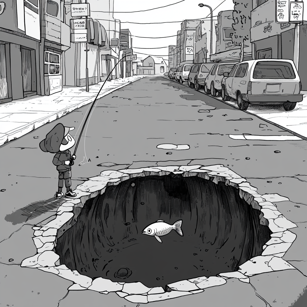 A Smiling Character Fishing in Pothole on Road