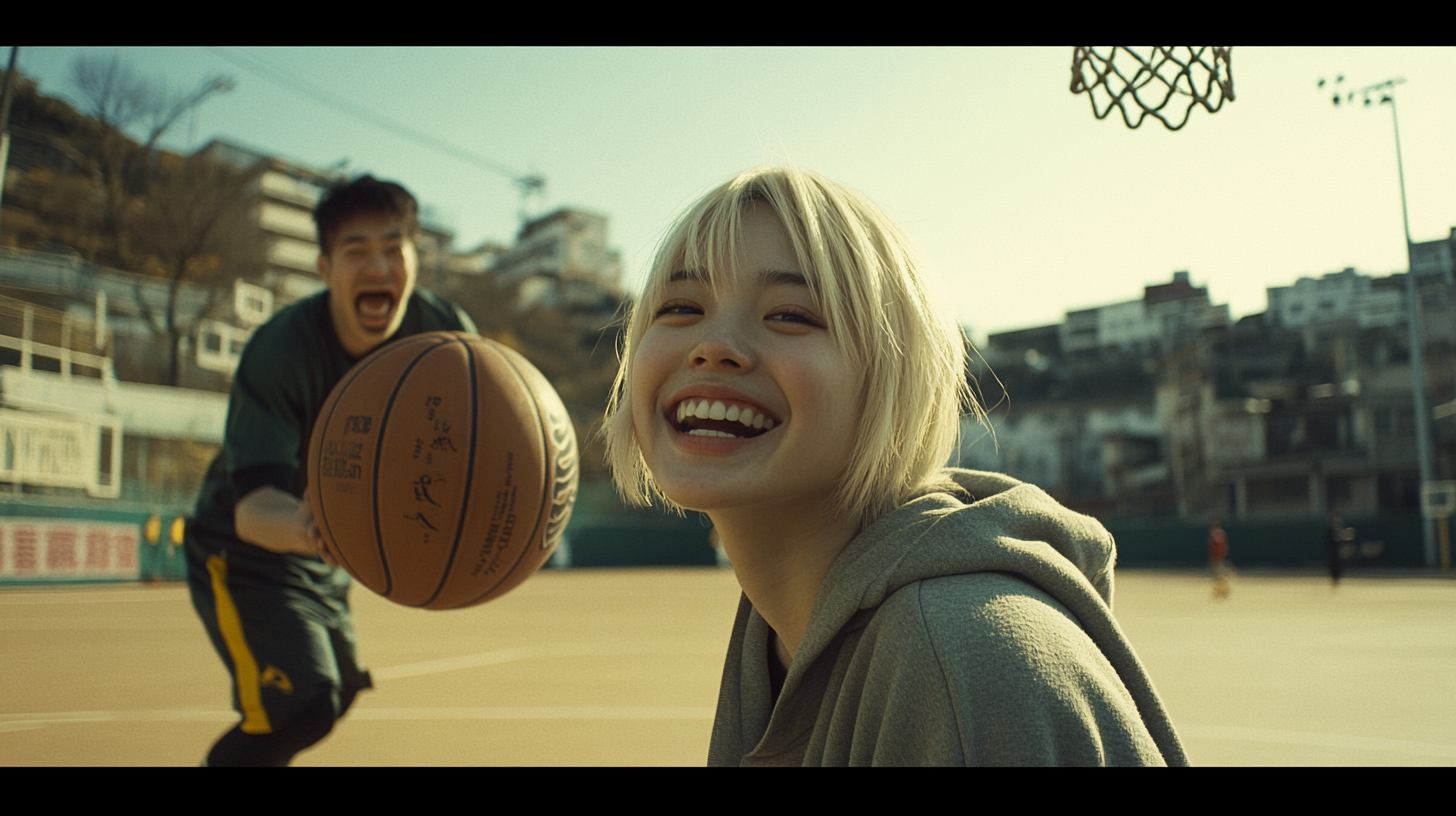 A Smiling Chinese Girl Playing Basketball Outdoors