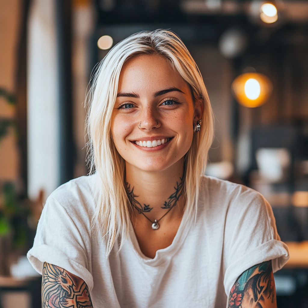 A Smiling Copywriter in a Co-Working Space