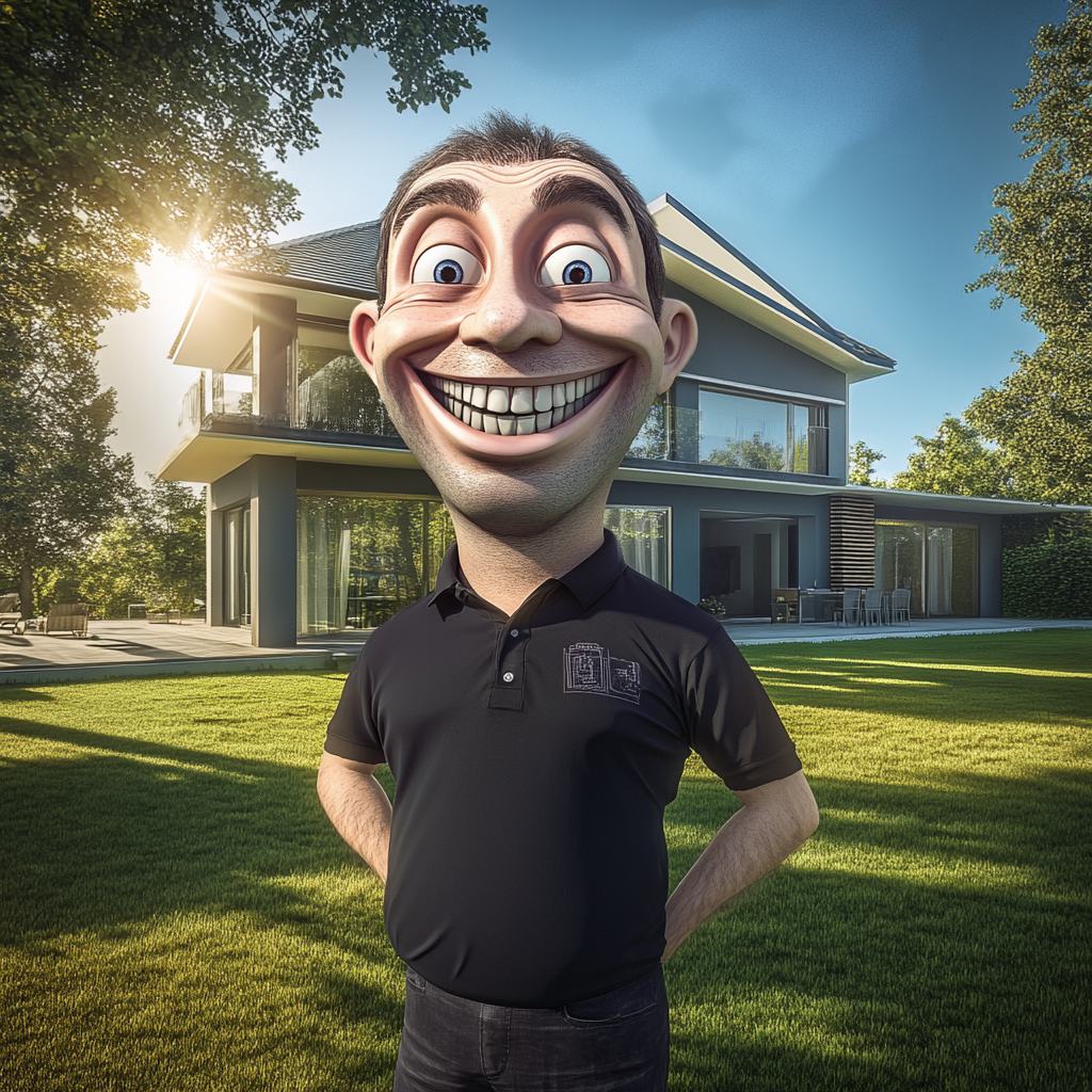 A Smiling Engineer in Black Shirt with Big Head