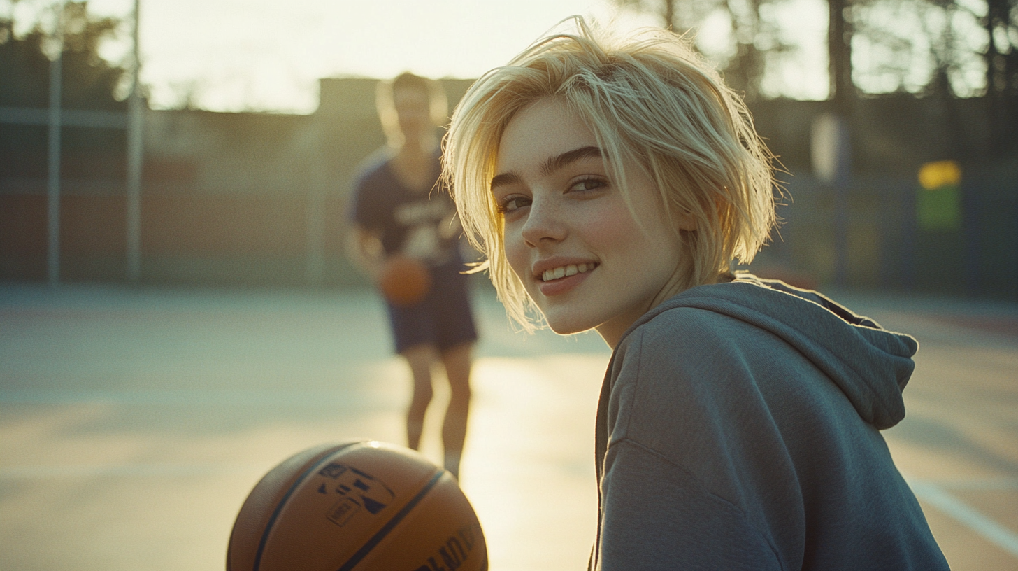 A Smiling Girl Basketball Player in Morning Sunlight