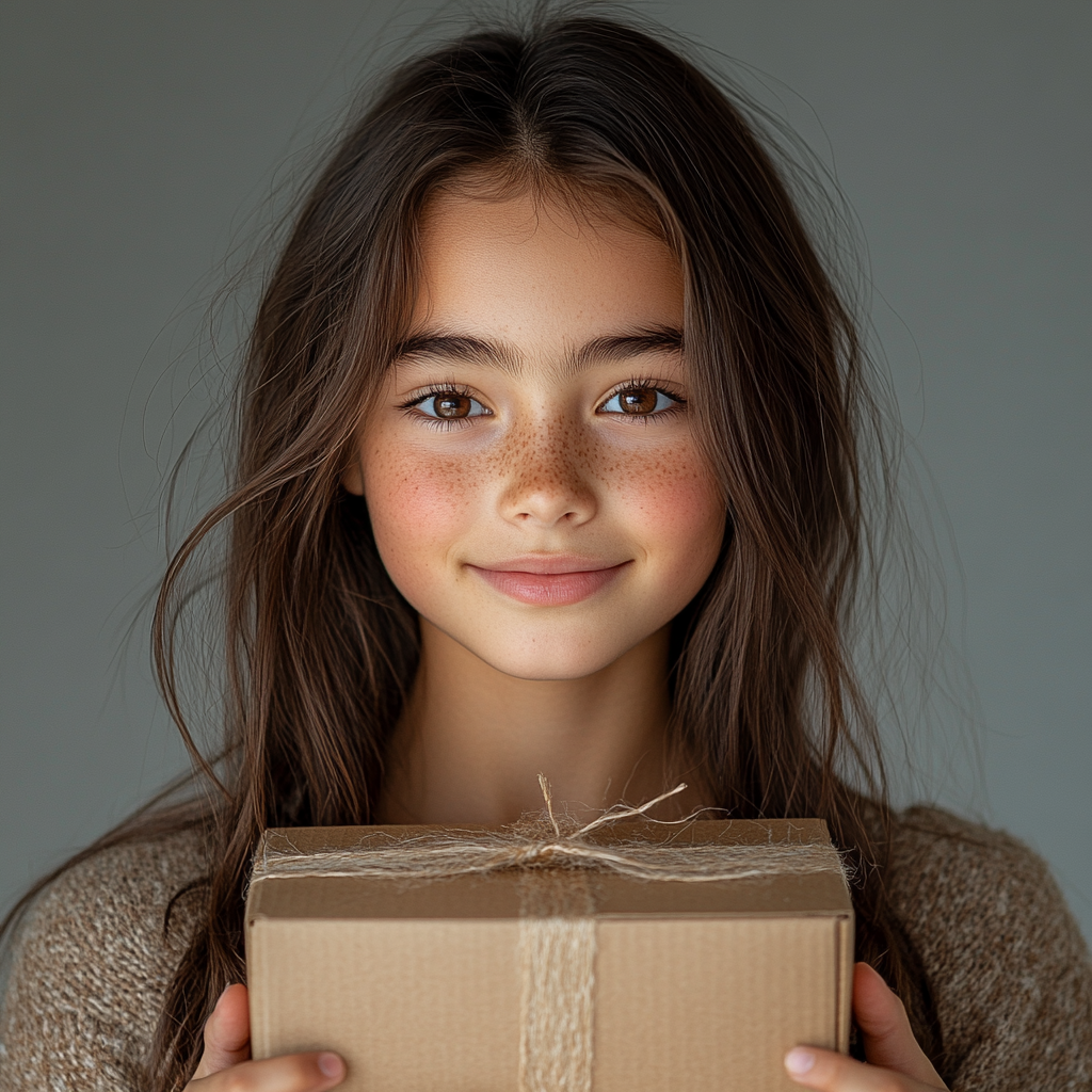 A Smiling Girl Holding Box in Studio Portrait