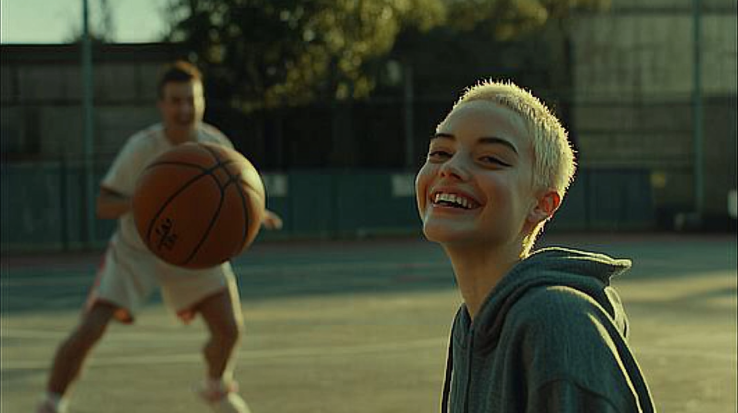 A Smiling Girl Playing Basketball Outdoors