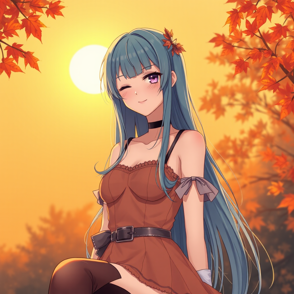 A Smiling Girl in Evening Autumn Sunset Scene