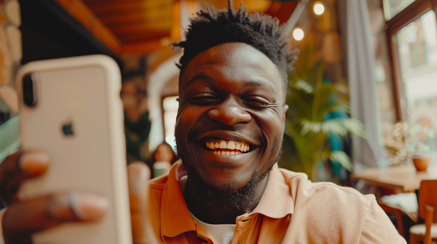 A Smiling Man Showing Excitement with Smartphone