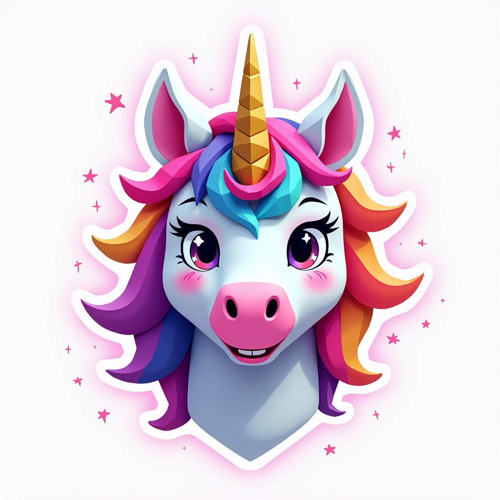 A Smiling Polygonal Unicorn with Neon Rainbow Mane