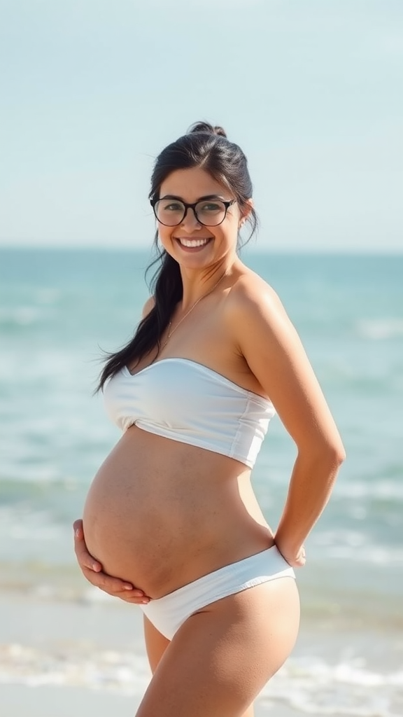 A Smiling Pregnant Woman Standing on the Shore.