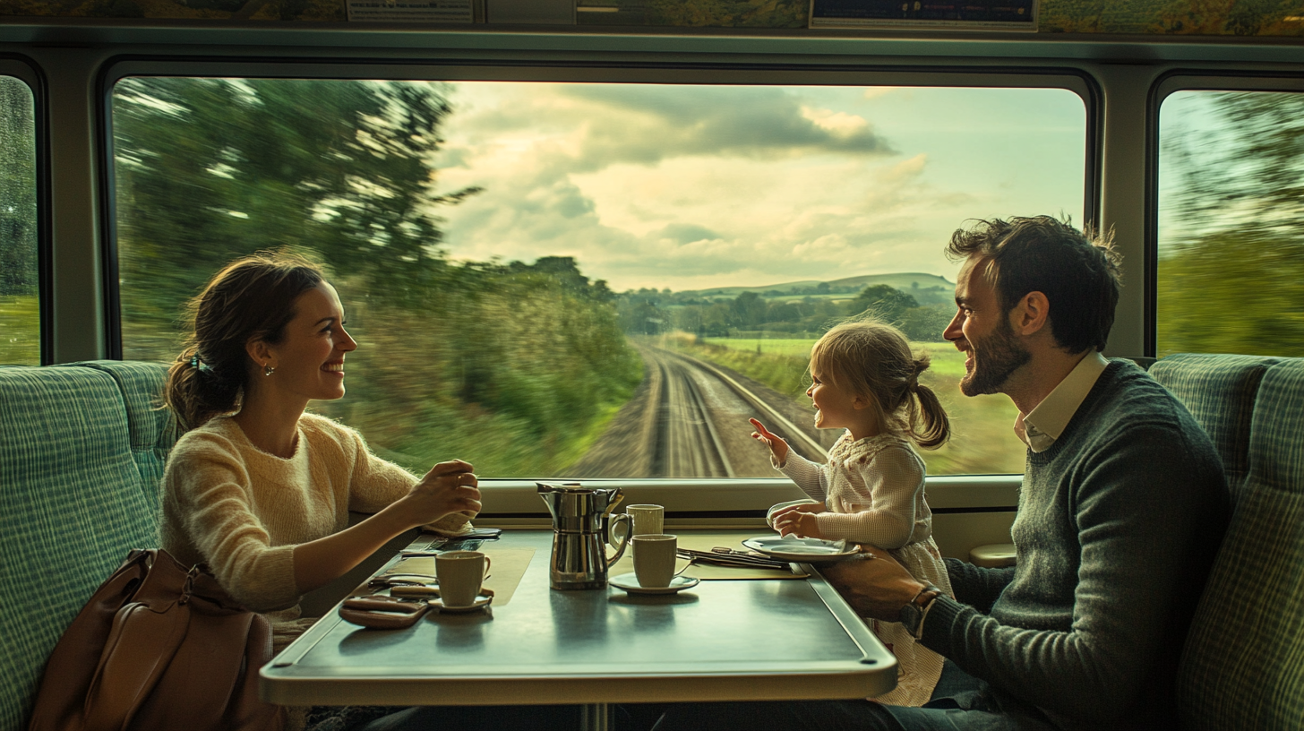 A Smiling UK Family on Modern Train Journey