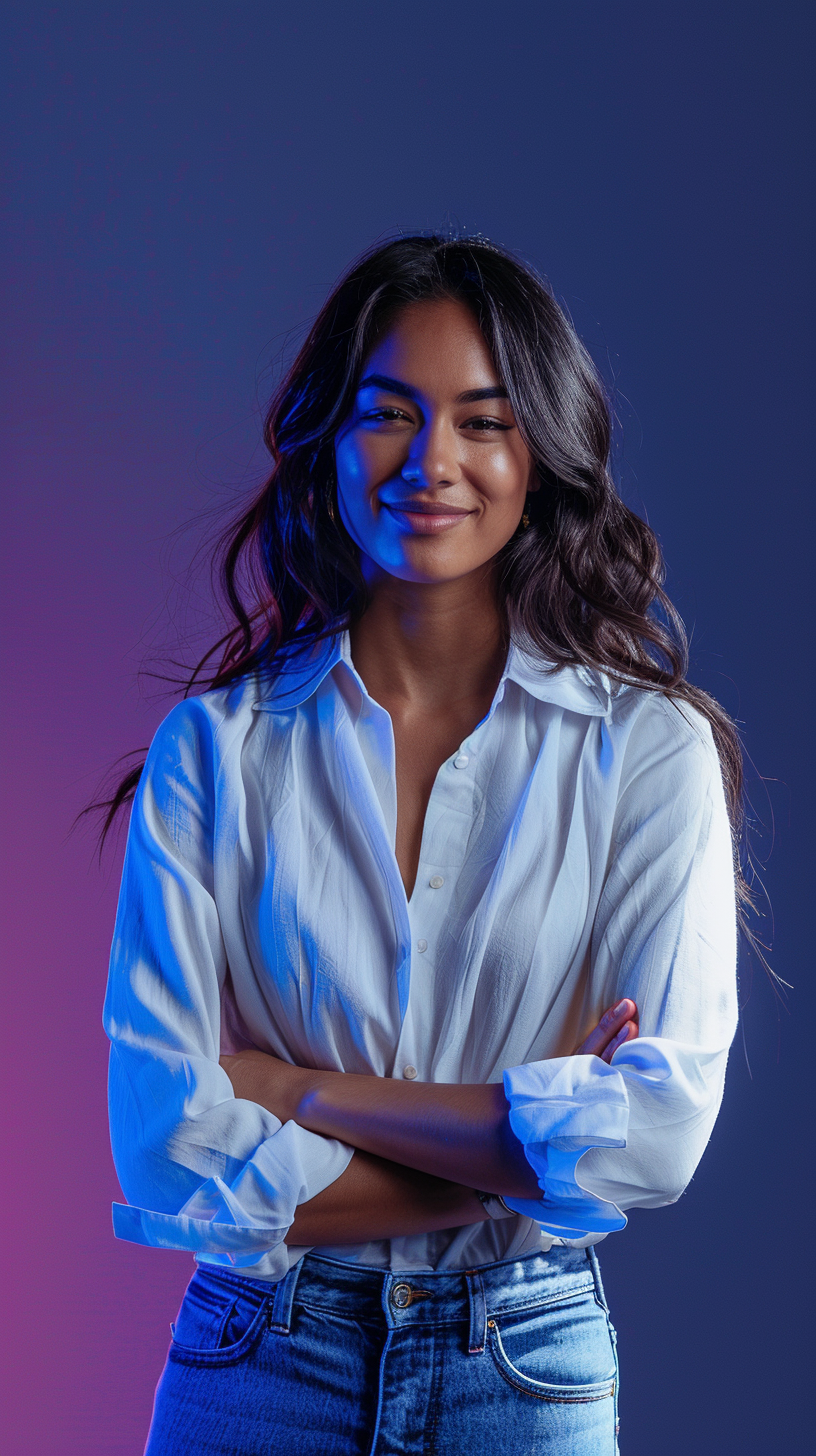 A Smiling Woman in White Shirt and Jeans