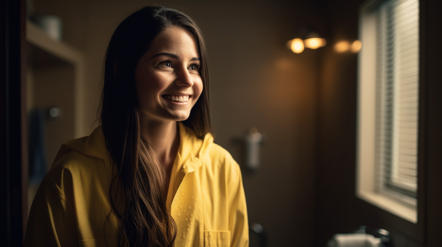 A Smiling Woman in Yellow Lab Coat in Upscale Bathroom