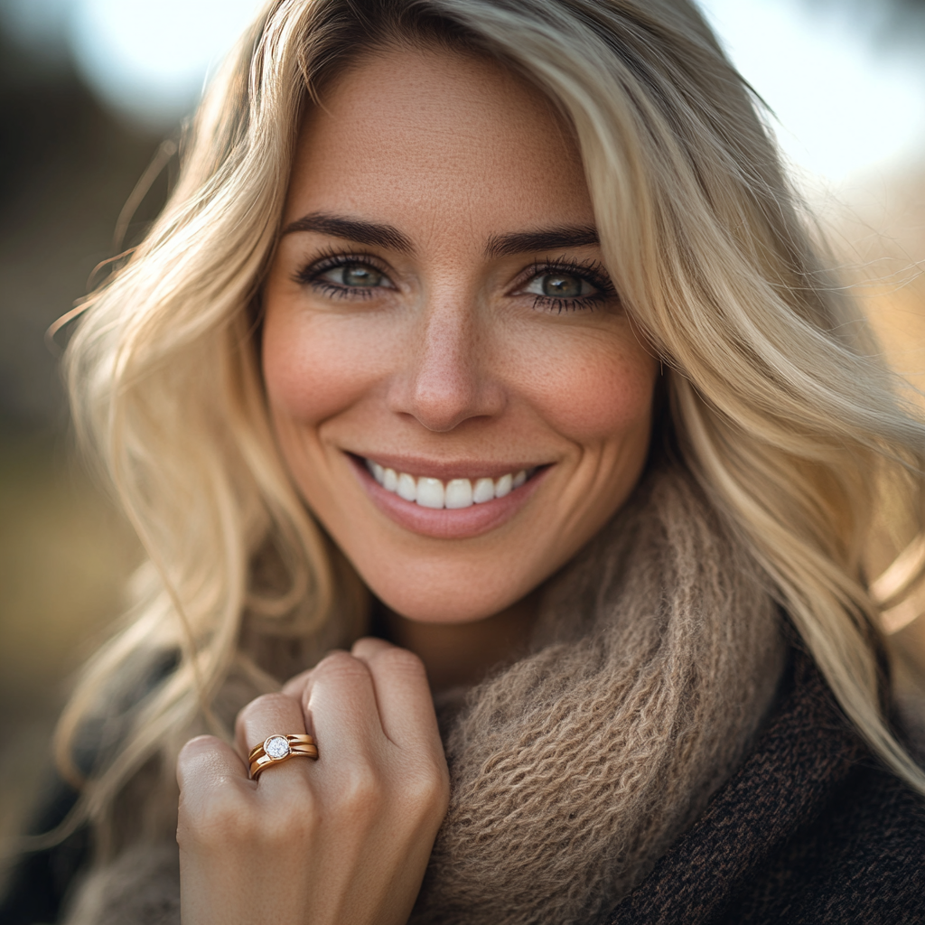 A Smiling Woman wearing a gold ring