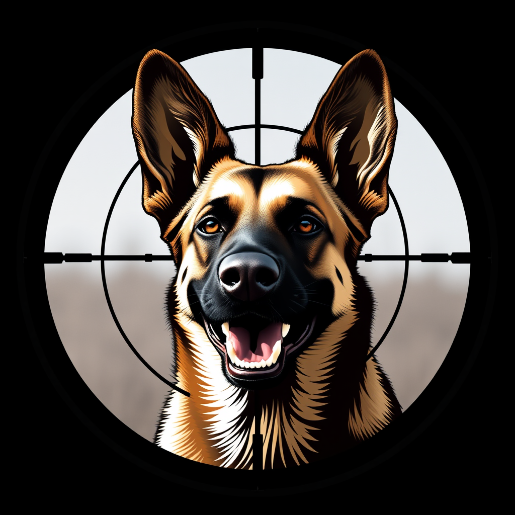 A Smirking Belgian Malinois in Crosshair Logo