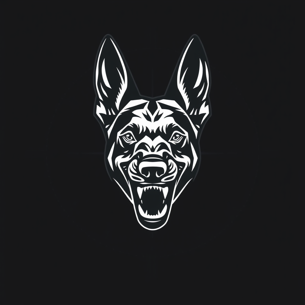 A Snarling Belgian Malinois Head in Crosshairs Logo