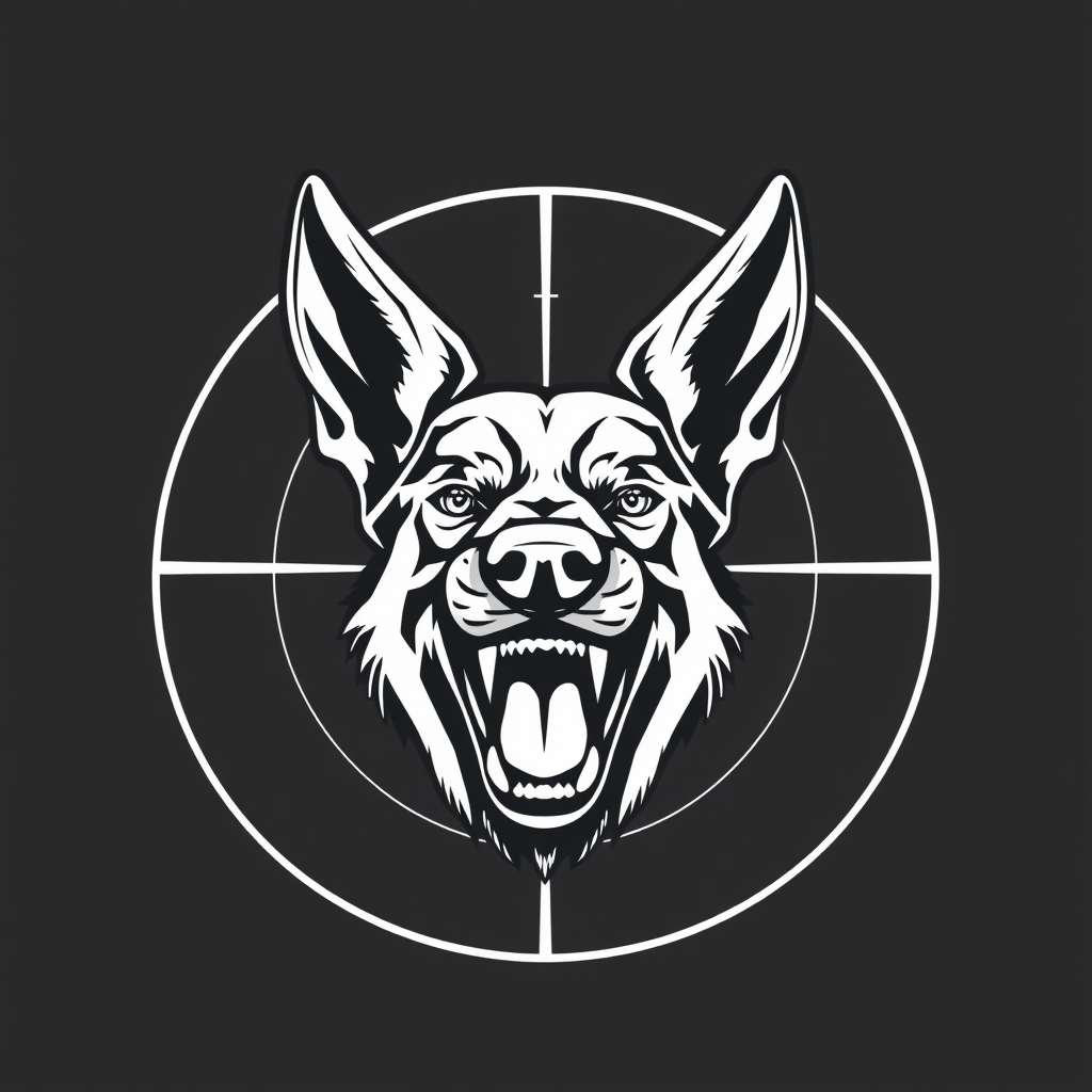 A Snarling Malinois Head in Crosshairs Logo