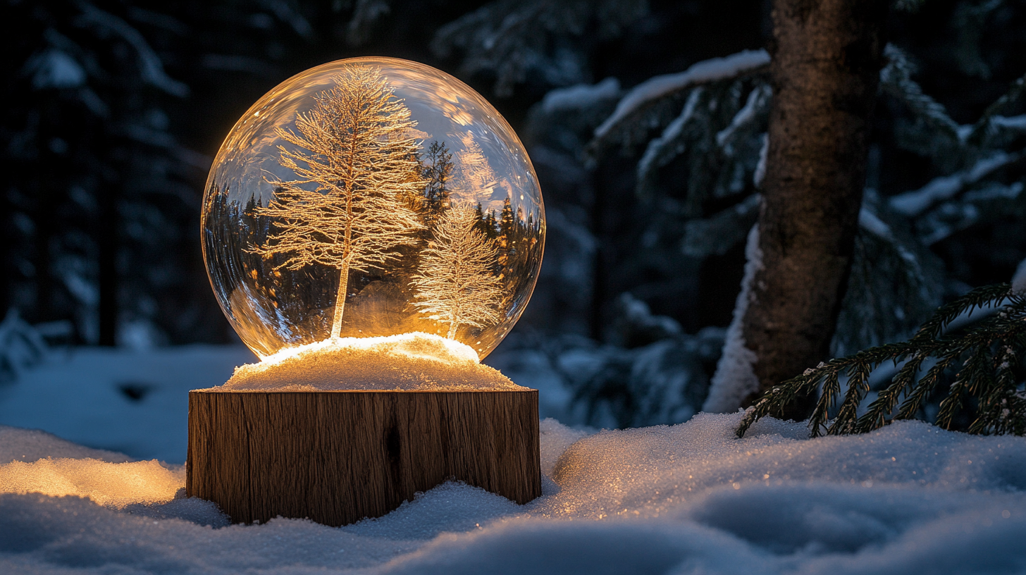 A Snow Globe in a Nighttime Pine Forest