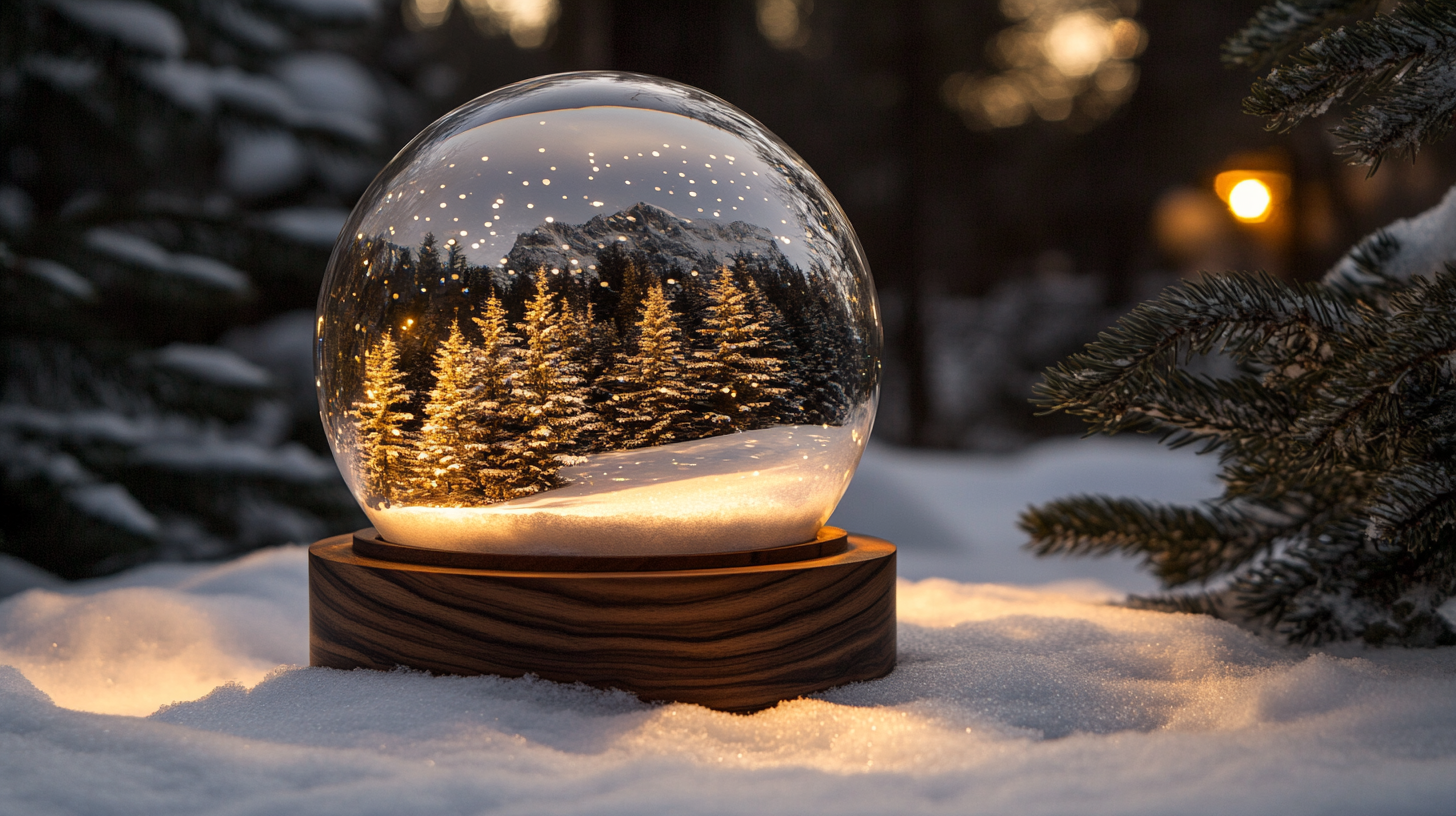 A Snow Globe in a Pine Forest at Night