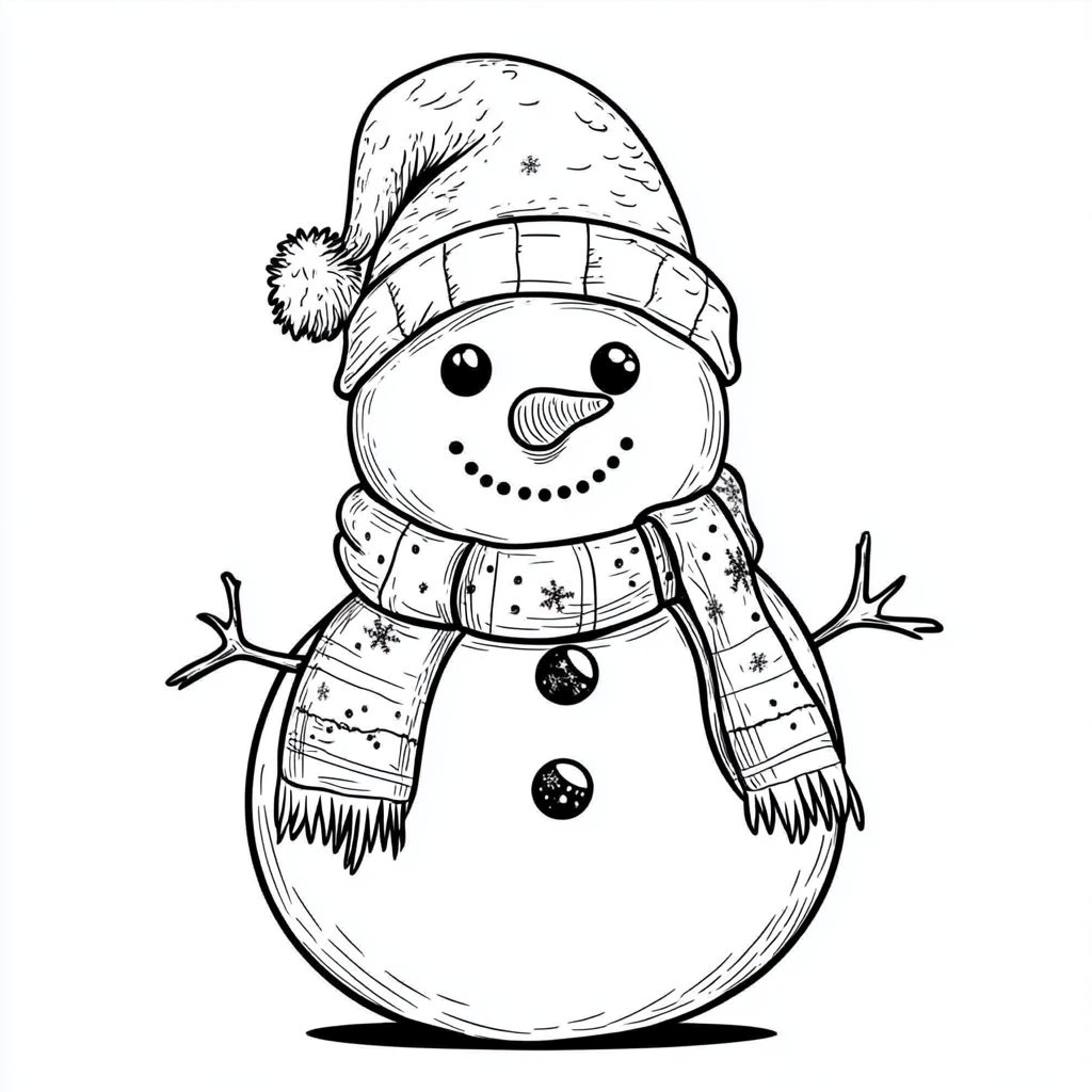 A Snowman in Christmas Hat and Scarf to Color.