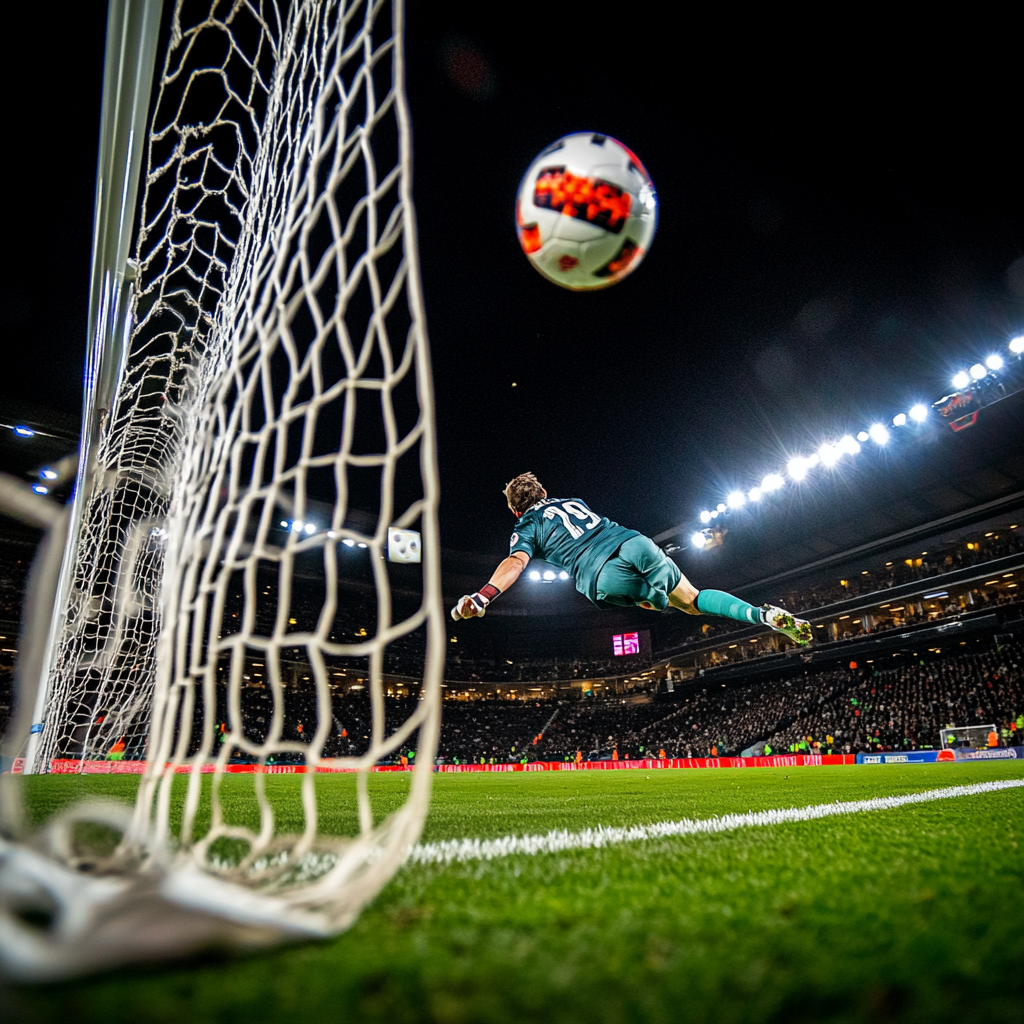 A Soccer Goalkeeper Diving to Defend the Goal