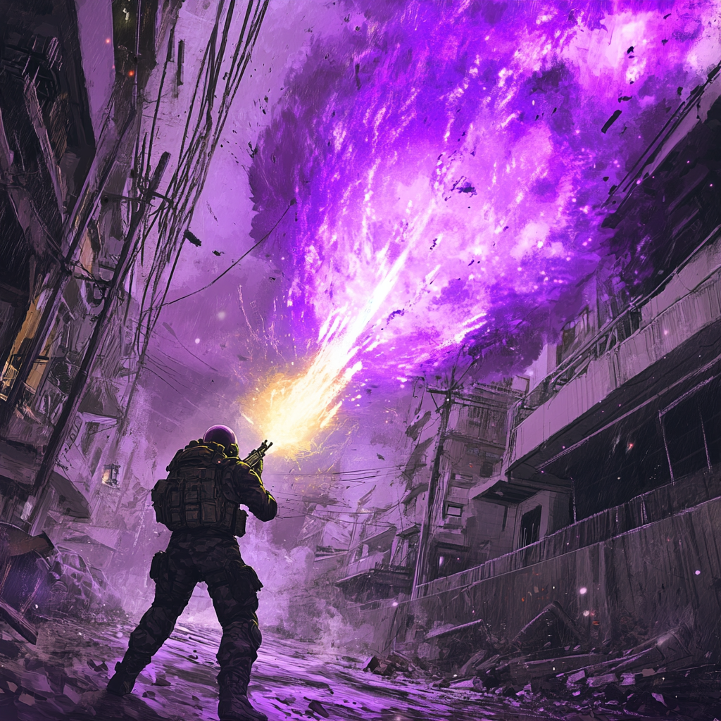 A Soldier Shouting in Ruins with Dragonball Z Aura