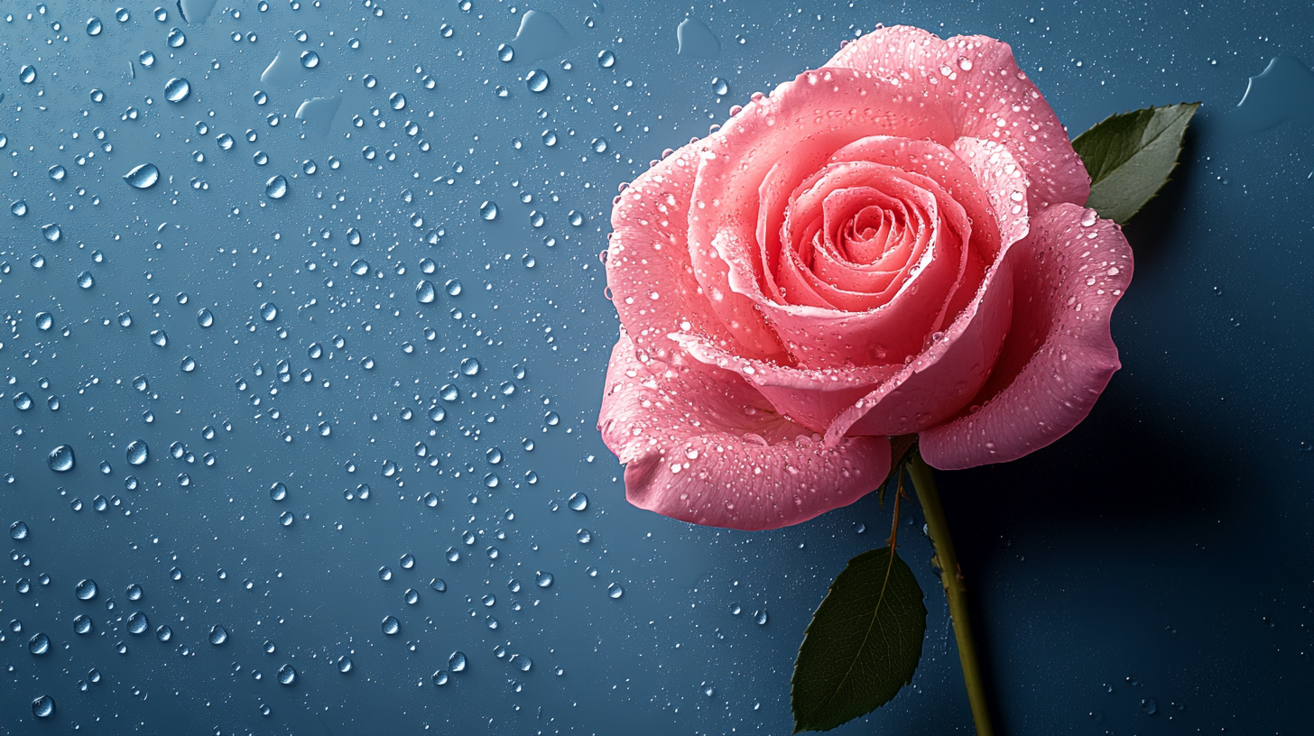 Rose on Blue Surface with Droplets