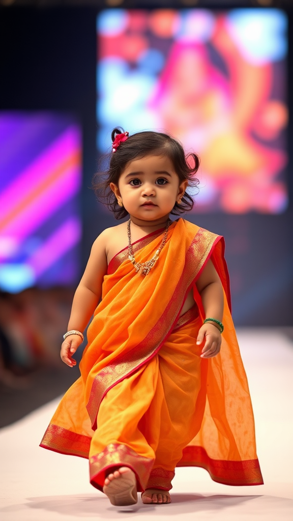 A South Asian Baby Girl in Saree Walking