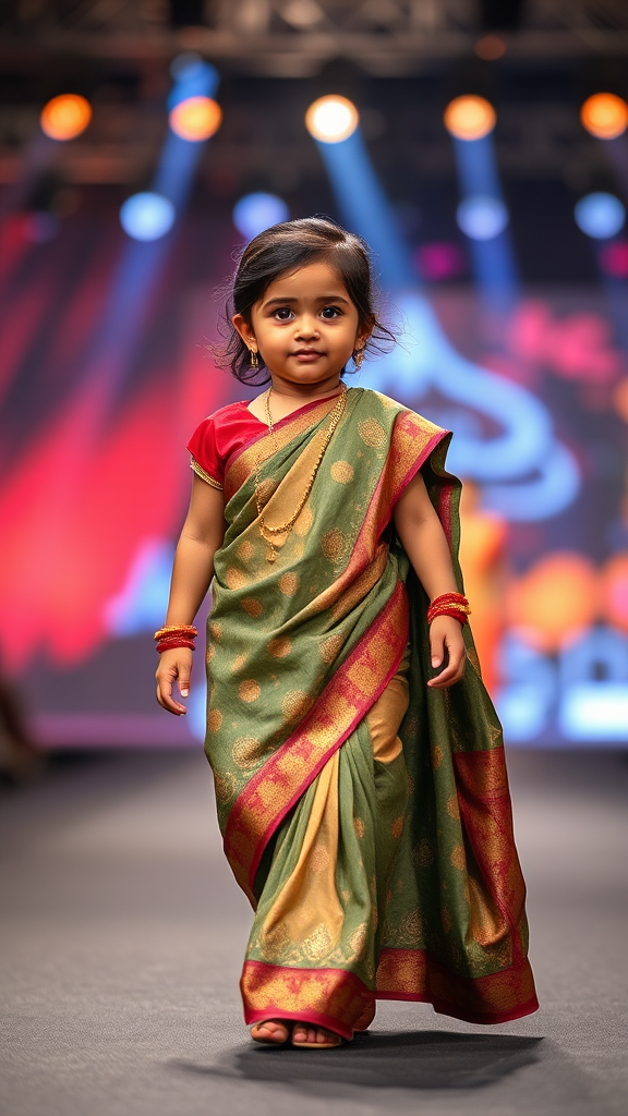 A South Asian baby girl in saree walking.