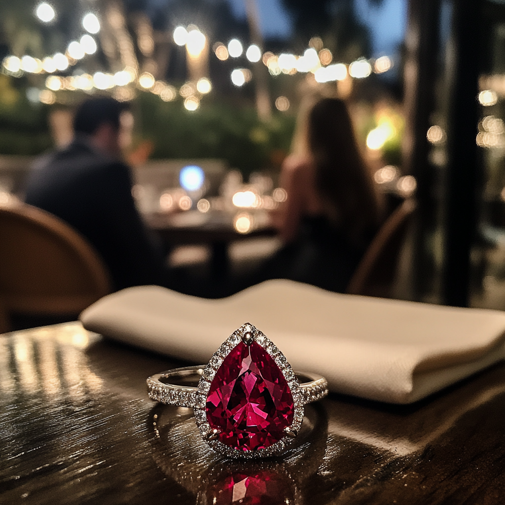 A Sparkling Ruby Engagement Ring at Romantic Dinner