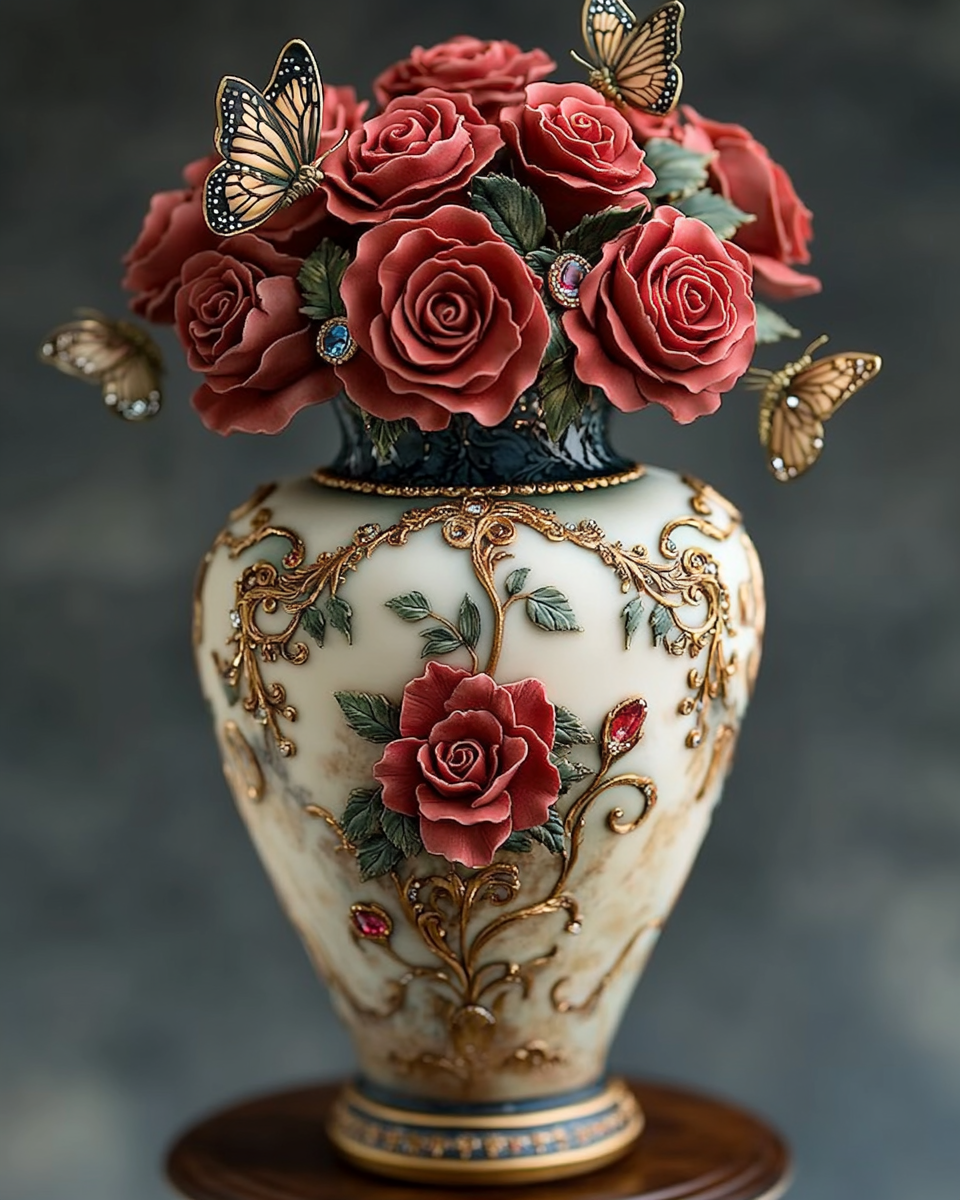 A Sparkly Rose Vase Fondant Cake on Stand