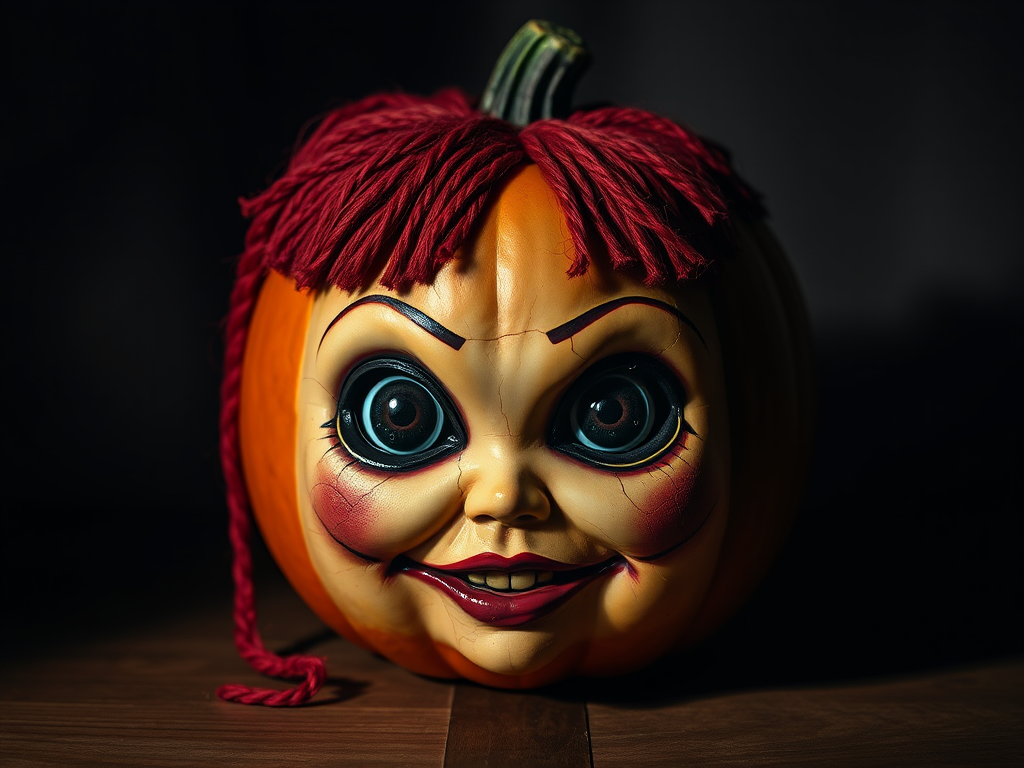 A Spooky Annabelle-inspired Halloween Pumpkin with Haunting Expression.