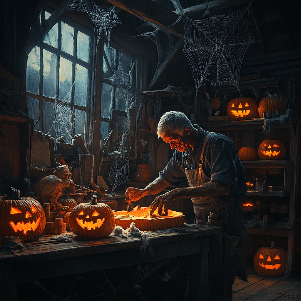 A Spooky Carpenter Making Halloween Decorations