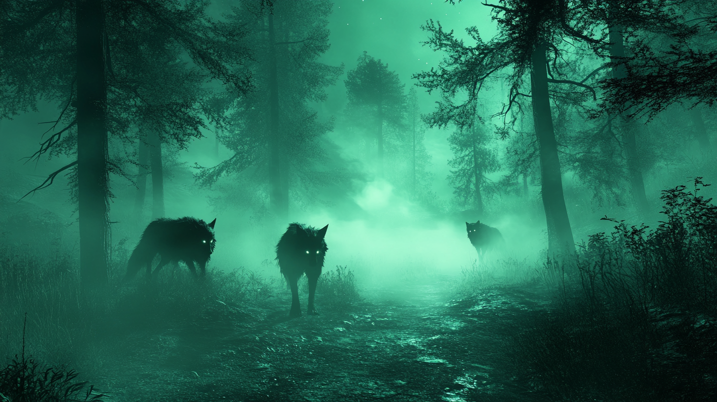 A Spooky Forest Path with Wolves and Shadows