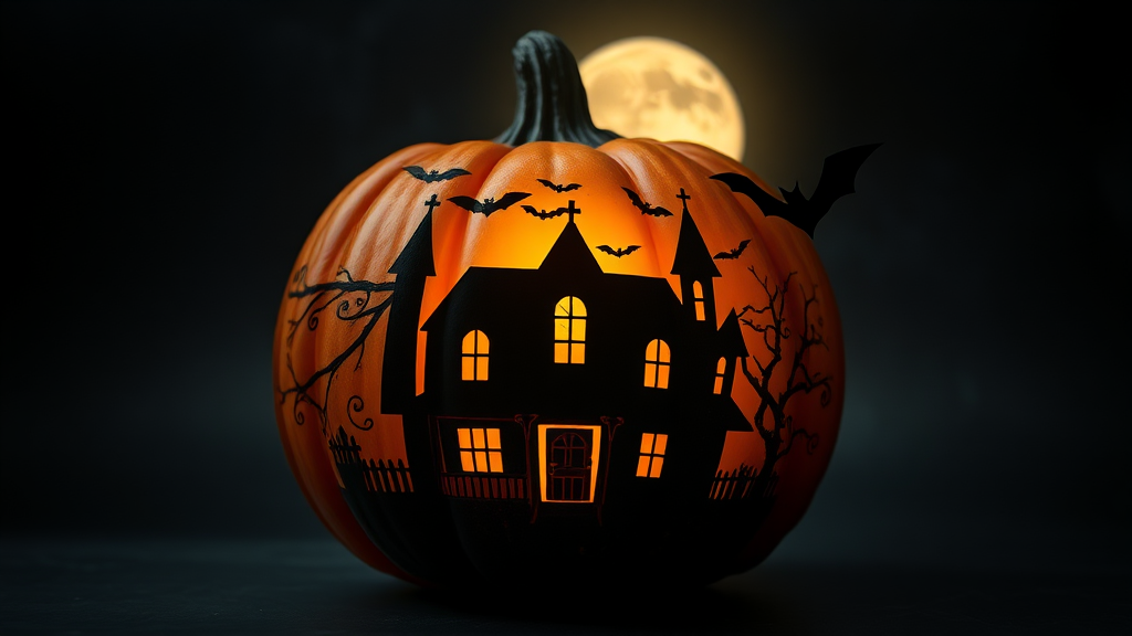 A Spooky Haunted House Pumpkin with Bats and Moon.