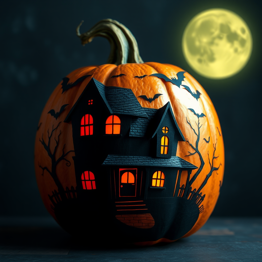 A Spooky Pumpkin with Haunted House and Bats.