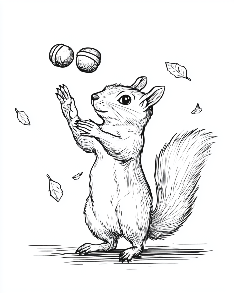 A Squirrel Juggling Acorns Coloring Page