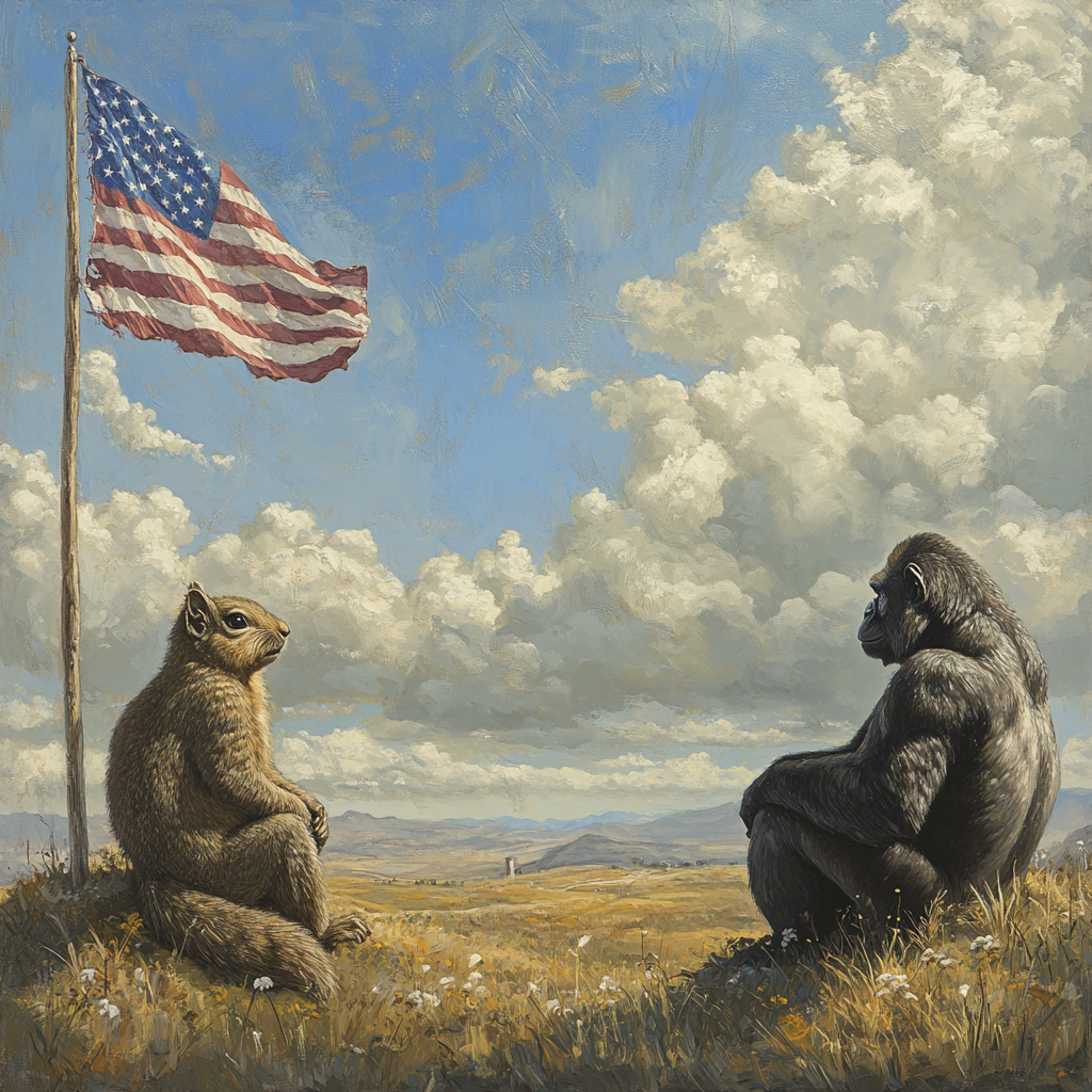 A Squirrel and Gorilla on Clouds Viewing Flag