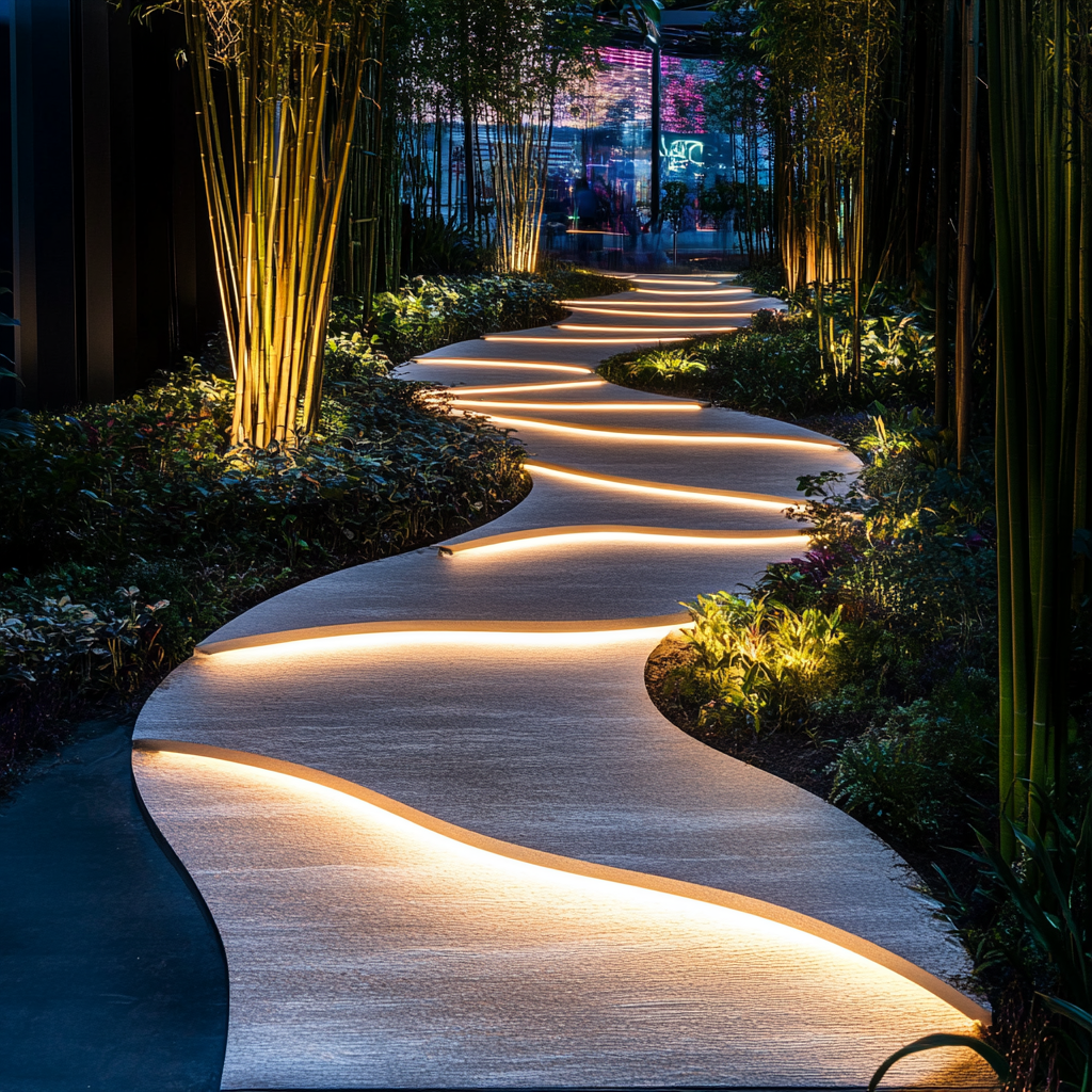 A Stage with Wavy Garden Path and Lights