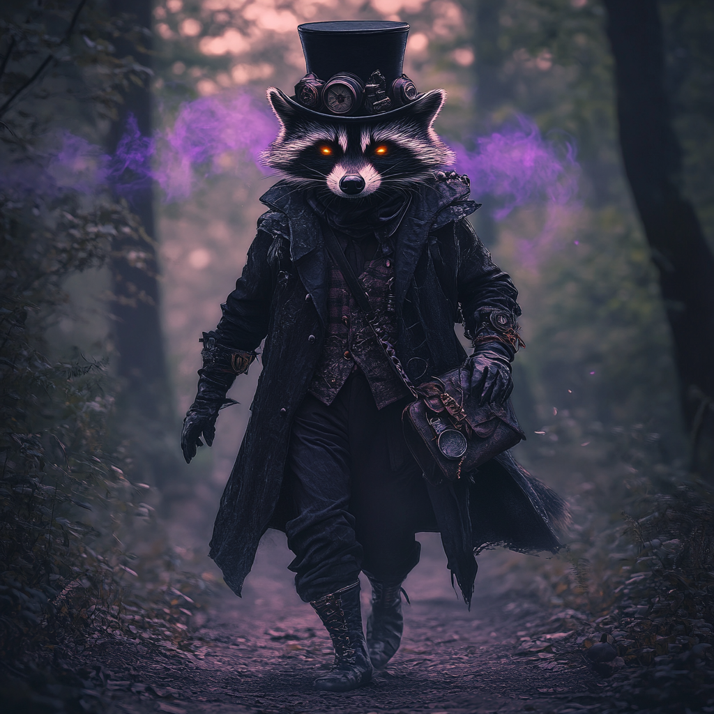 A Steampunk Raccoon's Halloween Journey in Enchanted Forest