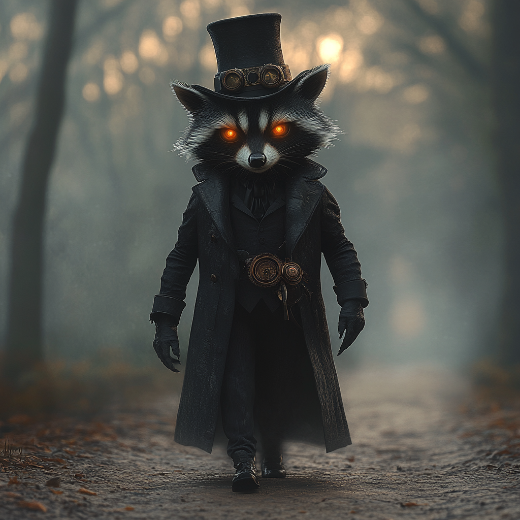 A Steampunk Raccoon in Enchanted Foggy Forest