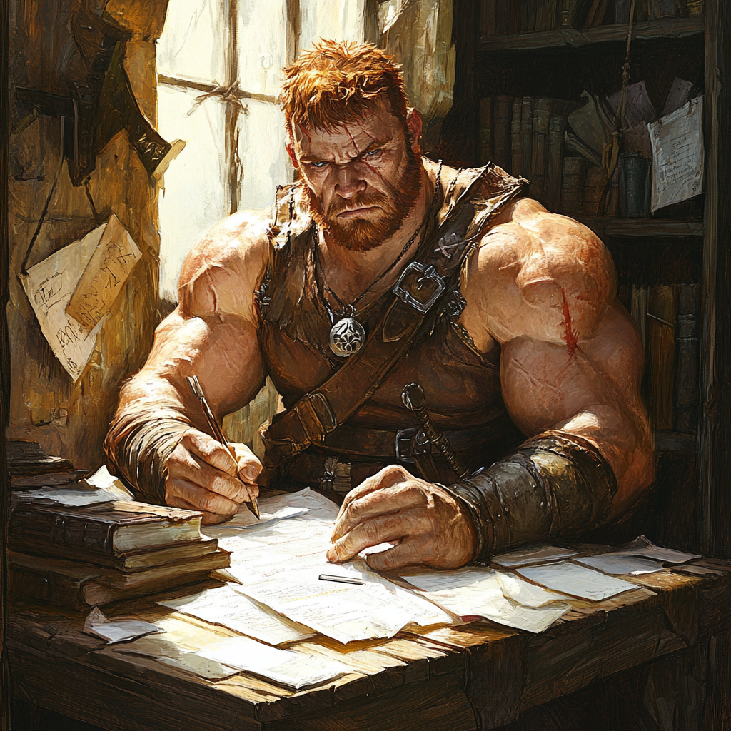 A Strong Man Writes with Quill at Desk