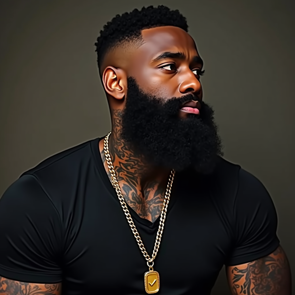 A Strong Man with Beard, Tattoos, and Chain