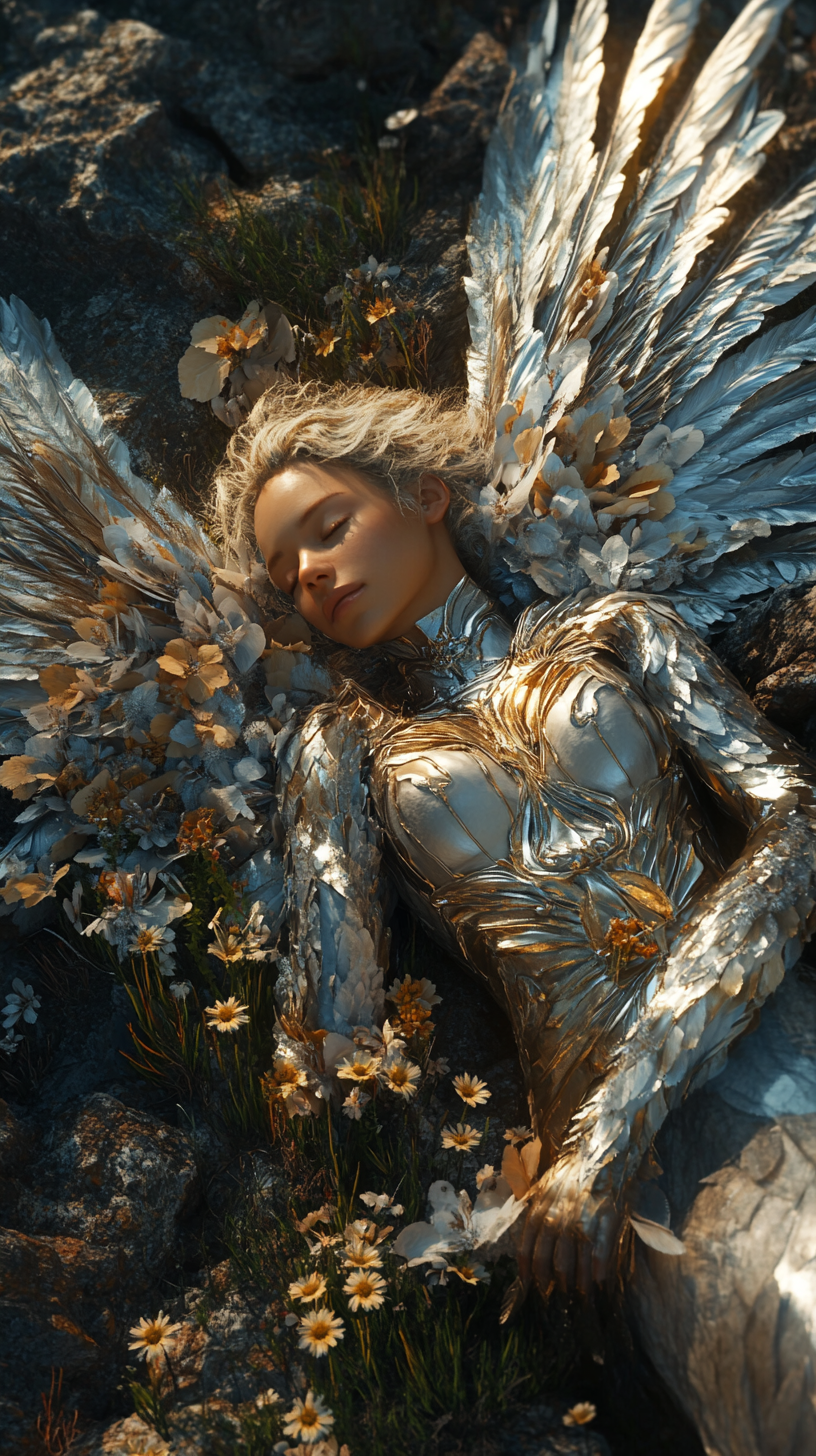 A Stunning Android Woman with Metallic Feathered Wings