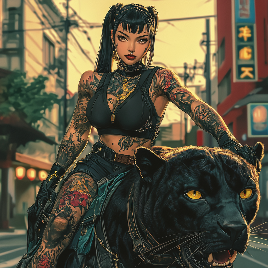 A Stunning Anime Woman with Tattoos Riding Panther